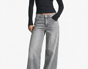 Jean extra large pour femme, gris - Denim baggy taille haute - Pantalon ELEXUA à jambes larges et droites - Jean gris vintage style années 90, tailles 34 à 42