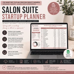 May include: A laptop displays a "Salon Suite Startup Planner" spreadsheet. The image includes text about organizing, budgeting, and launching a solo beauty business. The planner is a Google Sheets template designed for beauty professionals.