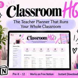 May include: A digital teacher planner template titled Classroom HQ displayed on a computer screen. The interface features a pink and white color scheme with organized sections for lesson plans, student data, and classroom management tools.