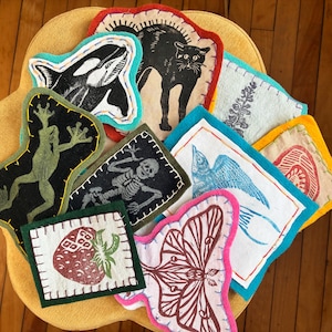 Linocut Patch | Iron-on handmade patch | block-printed patch | beetle patch | pinecone patch | tooth patch | lotus patch | salamander patch