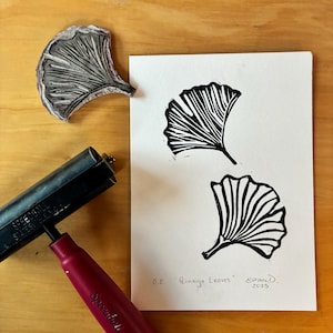 Ginkgo Leaf Linocut Print, Hand-carved and hand-printed