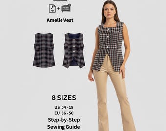 Modello di cucito per gilet Amelie / PDF da donna con video (EU 36-50)