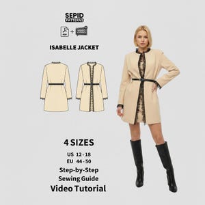 May include: A beige Isabelle Jacket sewing pattern with a black belt and lace trim. The image includes a PDF pattern, video tutorial, and a woman wearing the jacket. The pattern is available in US sizes 12-18.