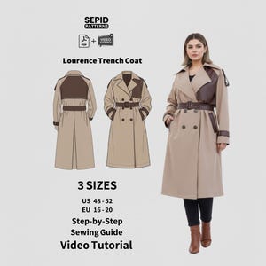 Könnte beinhalten: Ein beigefarbener Trenchcoat mit braunen Akzenten und passendem Gürtel wird gezeigt. Das Bild enthält Vorder- und Rückansichten des Mantels sowie eine Frau, die ihn trägt. Der Text lautet "Lourence Trenchcoat", "3 Größen" und "Schritt-für-Schritt-Näh-Anleitung Video-Tutorial".