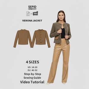 Puede incluir: Imagen de un patrón de costura de chaqueta Verona. La imagen muestra a una mujer con una chaqueta de tweed marrón y pantalones de cuero color beige. El patrón incluye un PDF y un tutorial en vídeo. El texto de la imagen dice "VERONA JACKET" y "4 SIZES US 14-20 EU 46-52".