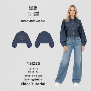 Può includere: Un modello di cucito per la giacca corta Nova in denim con una guida passo-passo e un tutorial video. L'immagine mostra il design della giacca, una modella che la indossa e la gamma di taglie: EU 36-42.