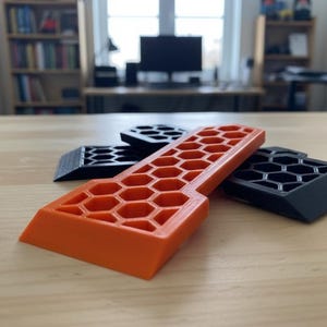 May include: An orange and black 3D-printed tool set on a wooden surface. The set includes an orange tool with a honeycomb pattern and two black tools with a similar design. The tools are angled and appear to be for a specific purpose.