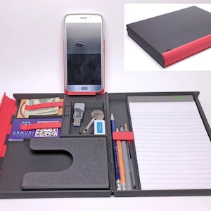 Organizador de viagem compacto e portátil para escritório | Arquivo STL | Impressão 3D | Caixa de utilidades para local de trabalho com compartimentos para cartões telefônicos, canetas, bloco de notas e USB