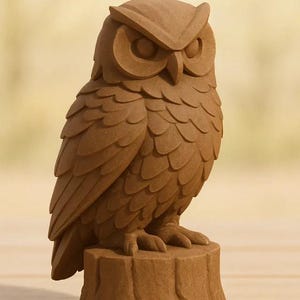 May include: A detailed brown owl sculpture perched on a tree stump. The owl has textured feathers and a focused gaze. The sculpture is made of a solid material and is a decorative item.