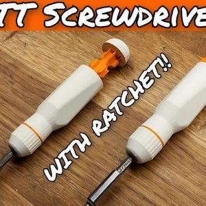 May include: Two white and orange LTT screwdrivers with ratchet mechanisms are displayed on a wooden surface. The text "LTT SCREWDRIVER" is at the top, and "WITH RATCHET!!" is written diagonally across the image.