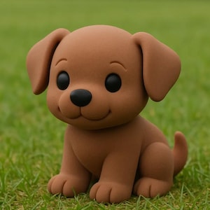 May include: A brown puppy figurine with large black eyes and a black nose, sitting on green grass. The puppy has floppy ears and a small tail. The figurine is a cute, cartoon-like representation of a dog.