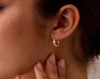 Minimalist White Opal Huggie Hoop Earrings,Dainty Sterling Silver Jewelry Bridesmaid Gifts, Christmas Gifts