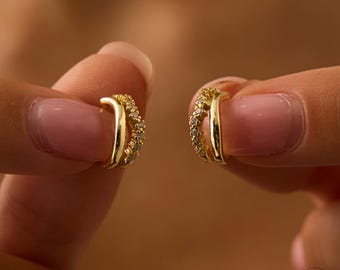 Dainty Pave Diamond Huggie Hoops, Sterling Silver Earrings, CZ Diamond Hoops, Everyday Earrings, Minimalist Jewelry, Christmas Gift for Her