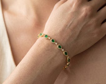 Emerald Green Teardrop Bracelet S925Sterling Silver CZ Tennis Bracelet Vintage Luxury Crystal Bracelet Adjustable Women Jewelry Gift for Her