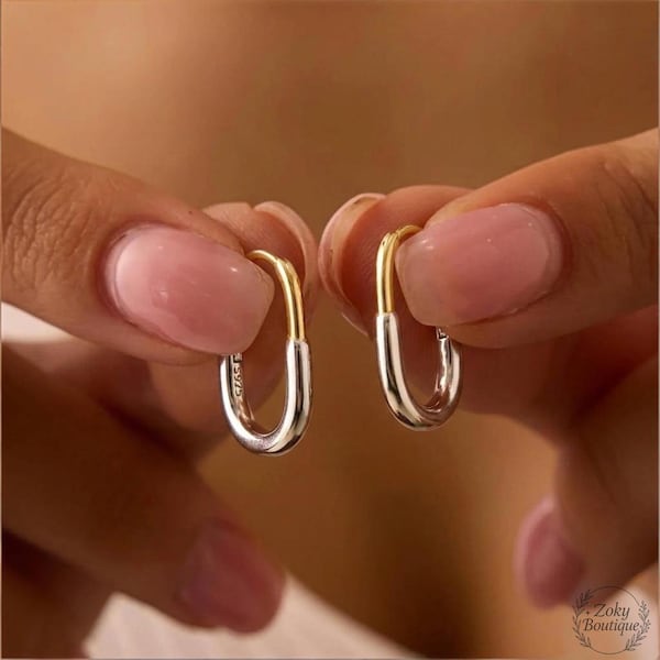 Two-Tone U Shape Huggie Earrings – S925 Sterling Silver Minimalist Hoop Earrings