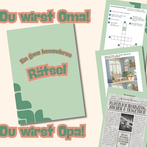 Può includere: Una raccolta di materiali stampati con testo in tedesco. L'elemento principale è una carta verde chiaro con il testo "Du wirst Oma!" e "Du wirst Opa!" in arancione e verde. La carta contiene anche il testo "Ein ganz besonderes Rätsel". Altri elementi includono un cruciverba e un giornale.