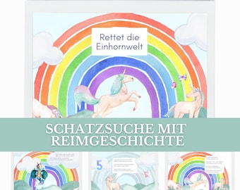 Unicorn treasure hunt for 8 children (4-6 years old) - printable, ready-made scavenger hunt, treasure hunt for children's birthdays, themed parties, download