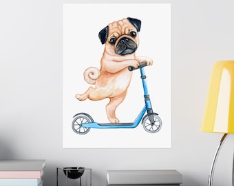 Pug Riding Scooter Digital Print – Funny Dog Wall Art, Cute Printable Puppy Decor for Kids & Pet Lovers