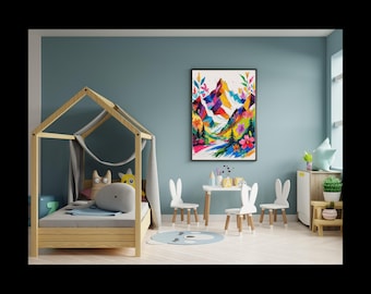 Abstract Mountain Artwork, Colorful Wall Art, Abstract Art, Patchwork, Illustration, Living Room Print, Scenery Art, Floral