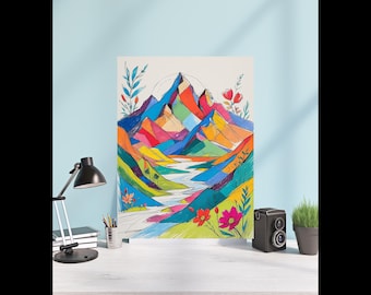 Colorful Abstract Mountain & Floral Digital Art Print | Vibrant Nature Wall Decor | Instant Download