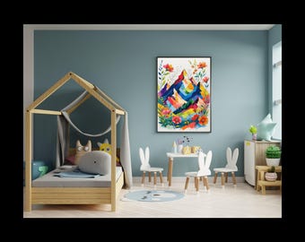 Abstract Mountain Artwork, Colorful Wall Art, Abstract Art, Patchwork, Illustration, Living Room Print, Scenery Art, Floral