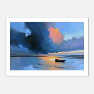 May include: A small dark boat rests on a calm, reflective tidal flat under a dramatic sky filled with deep blue storm clouds and a patch of soft pink light. The horizon line separates the water from the sky, creating a serene landscape scene.