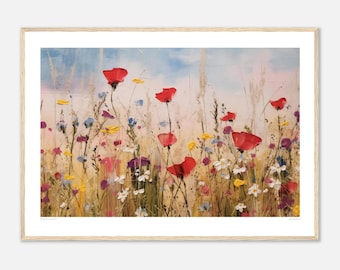 May include: A framed painting of a wildflower meadow. The artwork features vibrant red poppies, white daisies, yellow and purple wildflowers, and tall grasses against a light blue and pink sky.