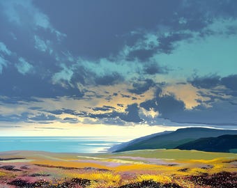 Exmoor Sunrise #3 – Printable Digital Download Art – Yellow & Blue Impressionist Oil Painting Print Wall Art