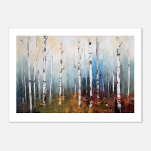 Wandkunst für modernes Dekor - Silber-Birken, blaugrauer und roter abstrakter Impressionist