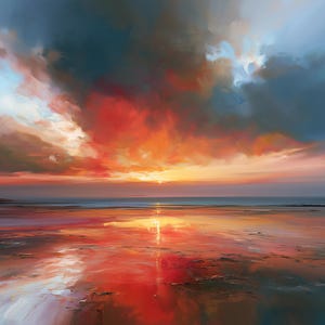 Pode incluir: Uma pintura vibrante de um pôr do sol com um céu dramático cheio de nuvens rodopiantes em tons de laranja profundo, vermelho ardente e azul escuro. O horizonte encontra um mar calmo, com a luz refletindo na praia de areia molhada.