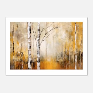 Wandkunst für modernes Dekor - Silber Birkenbäume Druck, Gold & Brauner abstrakter Impressionist