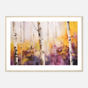 Gerahmte Wandkunst für modernes Dekor - Silber Birken Bäume Druck, Gelb & Rosa abstrakter Impressionist
