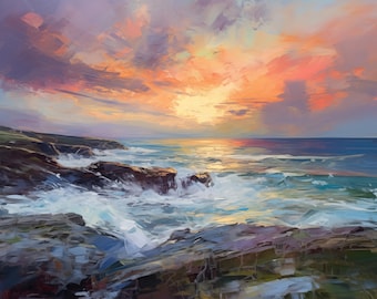 Isles Of Scilly Sunrise: Purple & Orange Abstract Impressionist Oil Painting (Digital Download)