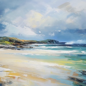 May include: An oil painting of a coastal landscape. The artwork depicts a sandy beach with turquoise water and rolling waves. Green hills and a cloudy sky complete the scene, with brushstrokes creating texture and depth. The color palette includes blues, greens, and yellows.