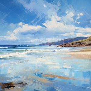 May include: An abstract painting of a beach scene. The artwork depicts a bright blue sky with fluffy white clouds above a turquoise ocean. The sandy beach is in the foreground, with rolling hills in the background. The painting uses broad brushstrokes.