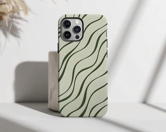 Telefoonhoesje met organisch golvend groen design | Minimalistisch ontwerp met saliegroene lijnen | iPhone-hoesje voor 16, 15, 14, 13, 12, 11 Pro Max, Plus & Mini
