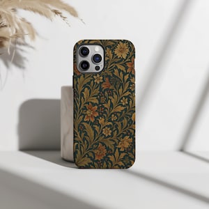 Funda vintage estilo William Morris para iPhone con flores (para iPhone 16, 15, 14, 13, 12, 11 Pro Max, Plus y Mini) - Regalo