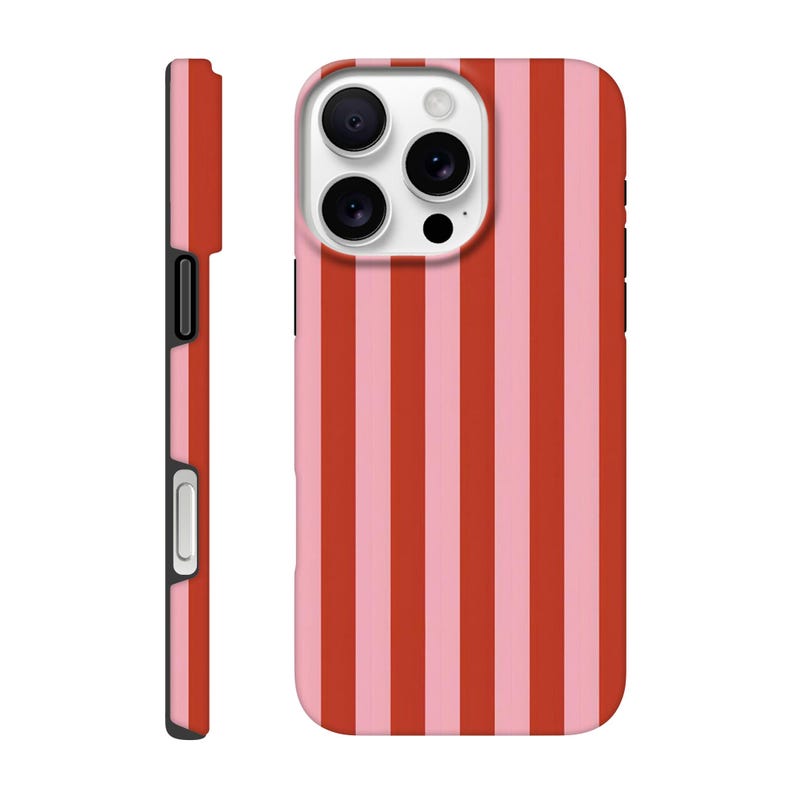 Roze gestreept telefoonhoesje – rood en roze lijnenontwerp – retrolook – voor iPhone 16, 15, 14, 13, 12, 11 – Pro Max, Plus en Mini – cadeau Robuste Hülle