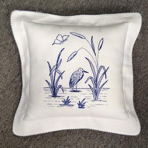 Irish Linen Hand Embroidered Blue Stork Pillow