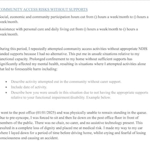 Könnte beinhalten: Ein Dokument mit dem Titel COMMUNITY ACCESS RISKS WITHOUT SUPPORTS, das Kürzungen bei der sozialen und wirtschaftlichen Teilhabe sowie bei der persönlichen Pflegehilfe beschreibt und einen persönlichen Bericht über unsichere Teilhabe ohne NDIS-Unterstützung enthält.