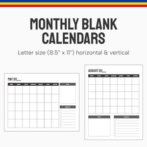 Calendarios mensuales en blanco tamaño carta (8,5 x 11)