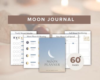Pode incluir: Um diário lunar digital com uma capa azul clara com um design de lua crescente. O diário inclui páginas para calendários lunares anuais, fases da lua, spreads de cartas da lua nova e manifestação da lua cheia. O diário tem mais de 60 páginas.