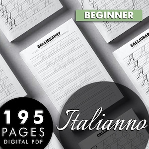 May include: A collection of calligraphy practice sheets with the word "Italianno" in elegant script. The sheets feature lined pages for practicing letters and words, with the word "Beginner" on a green banner. The image also shows "195 Pages Digital PDF".