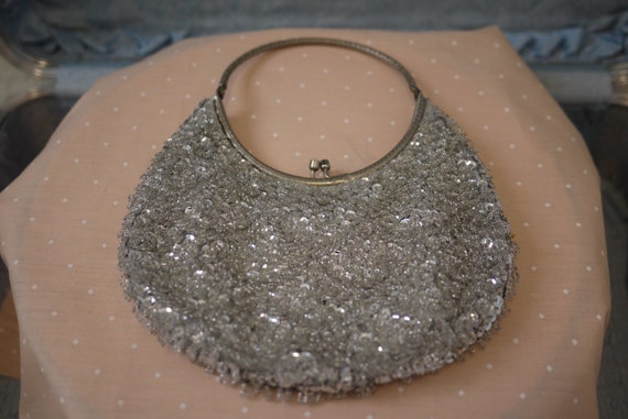 Vintage Silver Beaded Handbag - image 1