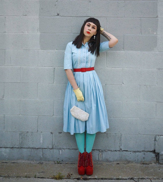 1960's Light Blue Pleated Shirt Dress