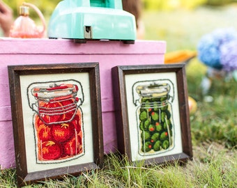 1970's Embroidered Olive and Tomato Jar Picture Frames