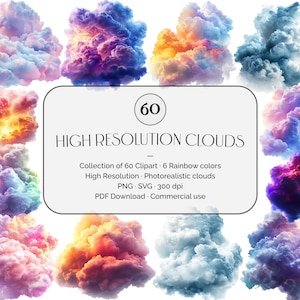 Pacchetto di 60 clipart di nuvole trasparenti ad alta risoluzione, grafica nuvolosa fotorealistica, illustrazioni del cielo per uso commerciale, download digitale