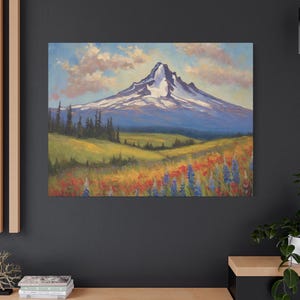 Mount Hood Oil Painting, Oregon Mountain Landscape Canvas Art, Pine & Wildflower Wall Decor, Pacific Northwest Nature Scene, Panoramic