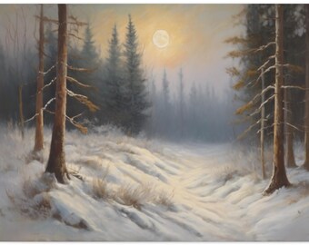 Moonlit Winter Forest Oil Painting, Snowy Pine Tree Canvas Art, Full Moon Night Sky Wall Decor, Rustic Cozy Nature Scene Print, Panoramic
