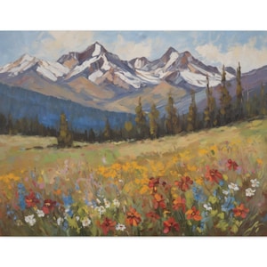 May include: An oil painting depicts a mountain landscape with snow-capped peaks under a blue sky. A field of wildflowers in red, yellow, blue, and white blooms in the foreground. Trees line the middle ground.